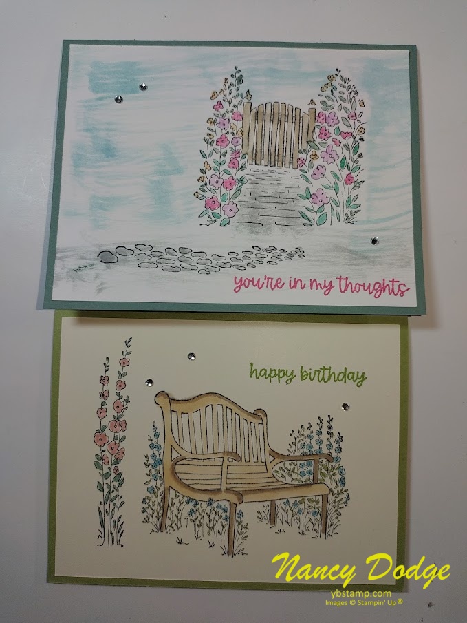 2 scenic garden cards stamped, colored and watercolored