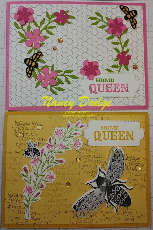 2 queen bee cards made with die cuts and stamps