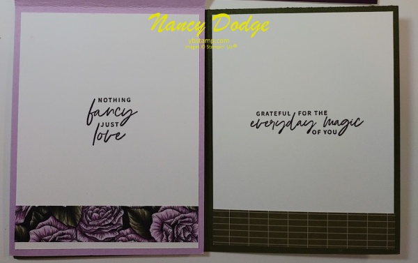 inside of blackberry bliss and fresh freesia cards, sentiments are "nothing fancy just love" and "grateful for the everyday magic of you"