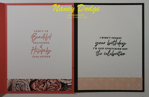 inside of favored flowers cards made with calypso coral and petal pink flowers, sentiments are "here's to beautiful beginnings and happily ever after" and "I didn't forget your birthday I'm just stretching out the celebration"
