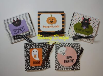 Quick Party Favors include pictured candy folders with decorative fronts & ribbon
