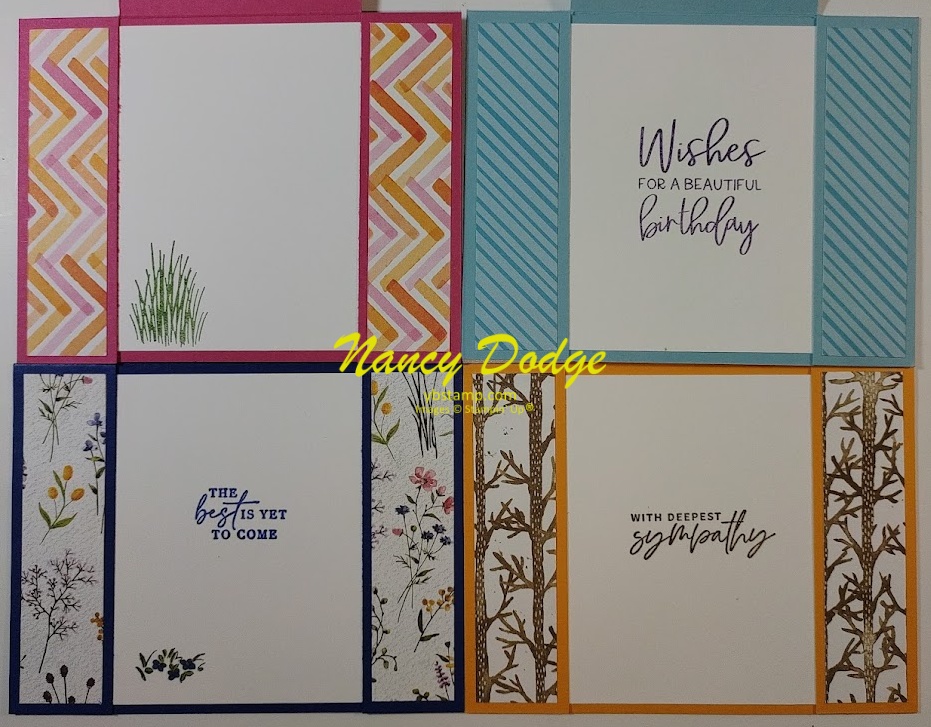 the insides of 4 cards made during YB Stamp's Mystery Card Class with Stampin' Up cardstock and designer series paper. They read left to right "blank", "wishes for a beautiful birthday", "the best is yet to come" & "with deepest sympathy".
