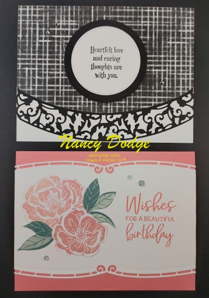 e cards made with Stampin' Up's elegant borders dies, 1 in black and white saying "heartflet love and caring thoughts are with you" the other in flirty flamingo saying "wishes for a beautiful birthday".