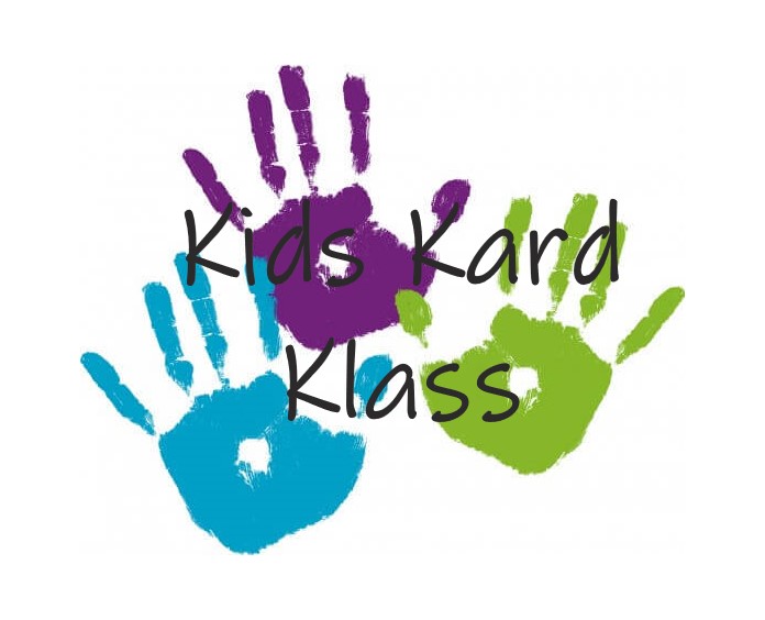 3 handprints in teal, purple & green for "kids kard klass" log