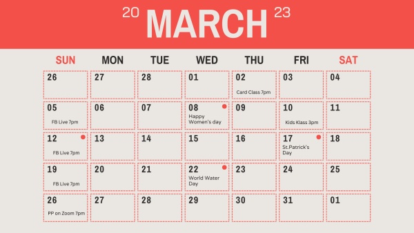 Calendar for March 2023