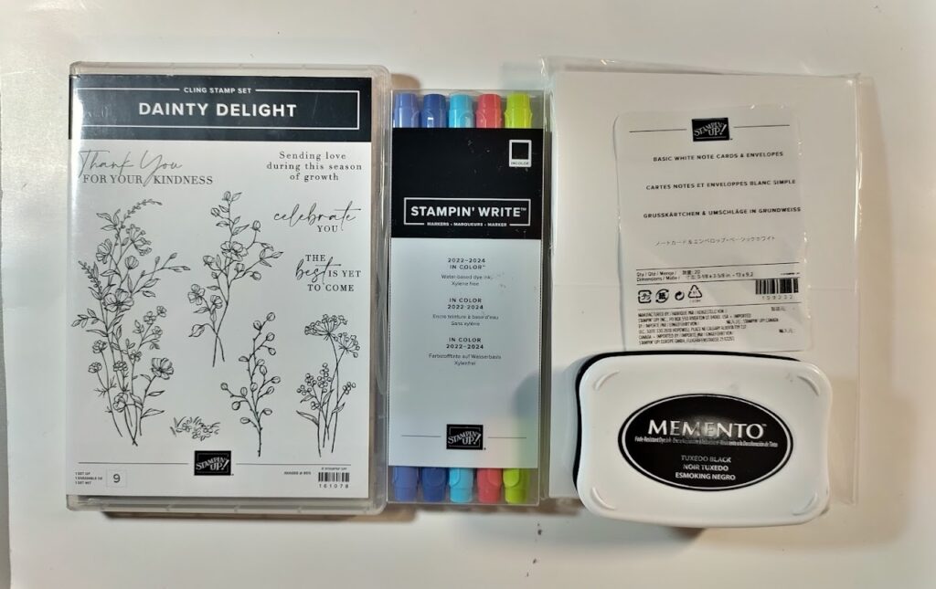 the core items in back to basics pictured, the dainty delight stamp set, stampin' write markers, memento ink pad and notes cards & envelopes, 