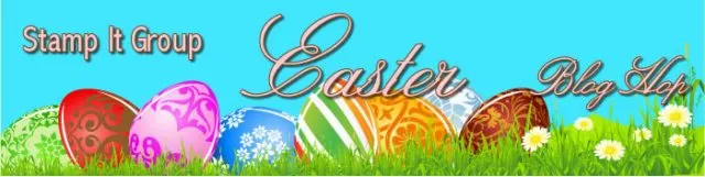 Easter Team Stamp-It Blog Hop banner decorated with colorful Easter eggs in grass