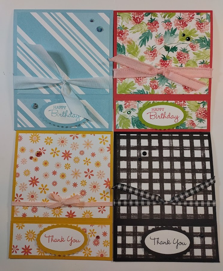 4 matchbook style cards made during my Mystery Card class, 2 saying "Happy Birthday" and 2 saying "Thank You"
