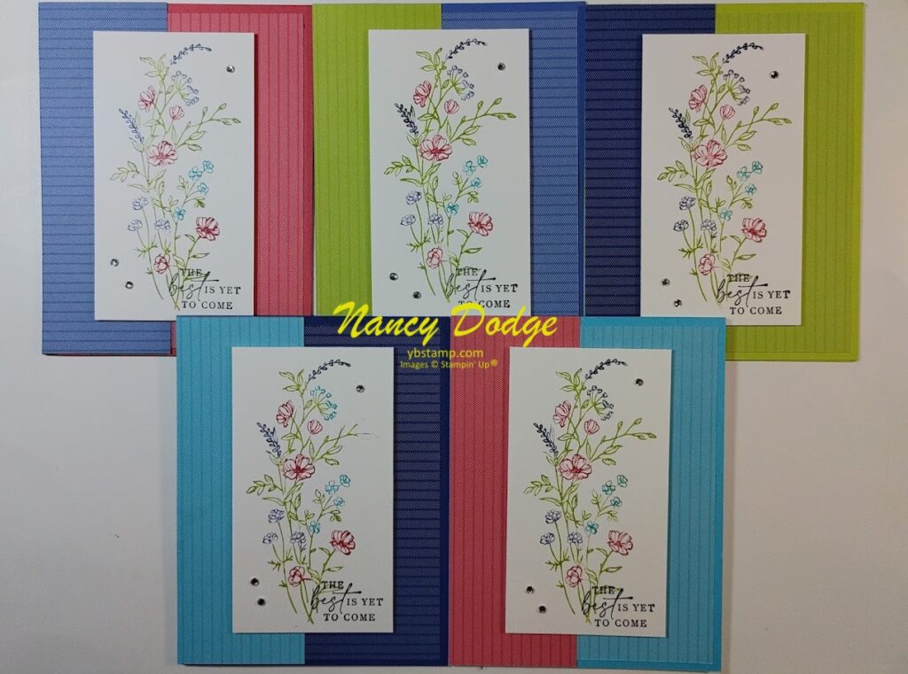 5 cards shown with floral stamped image from the dainty delight stamp set, images were colored on the stamp itself then stamped on cardstock