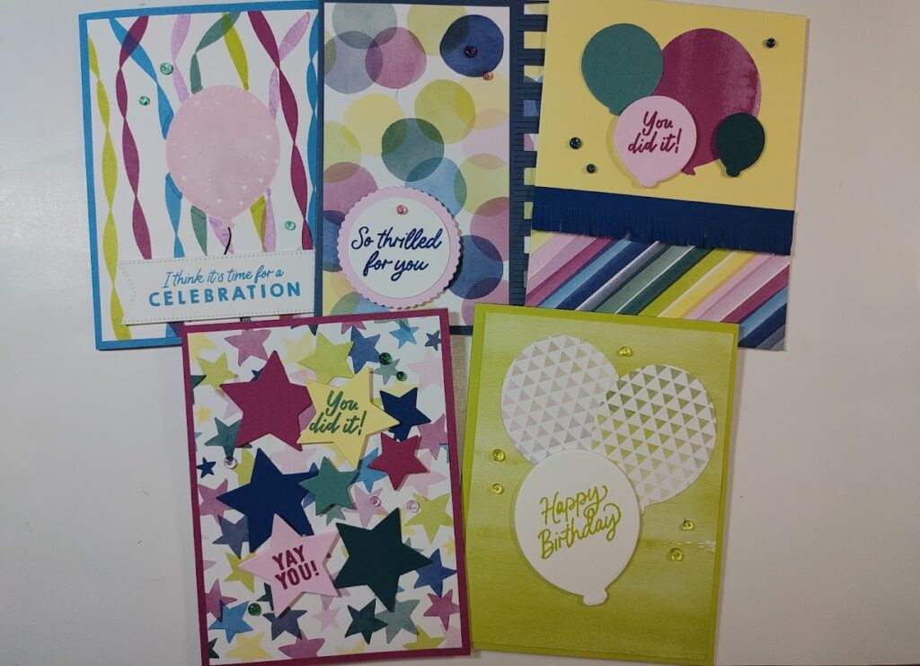Colorful pic of 5 cards made with stamps and die cuts from the beautiful balloons bundle by stampin' up.