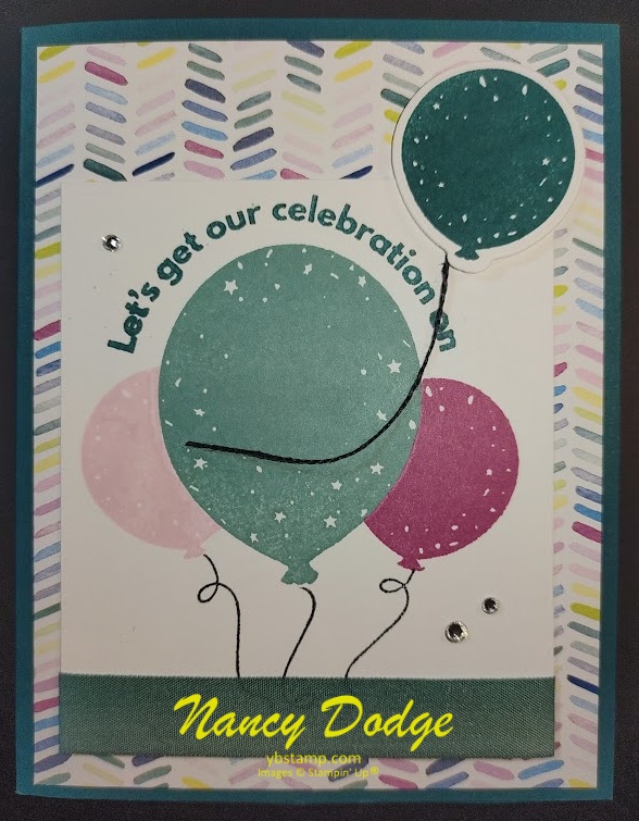 colorful card with a few balloons saying "let's get our celebration on"