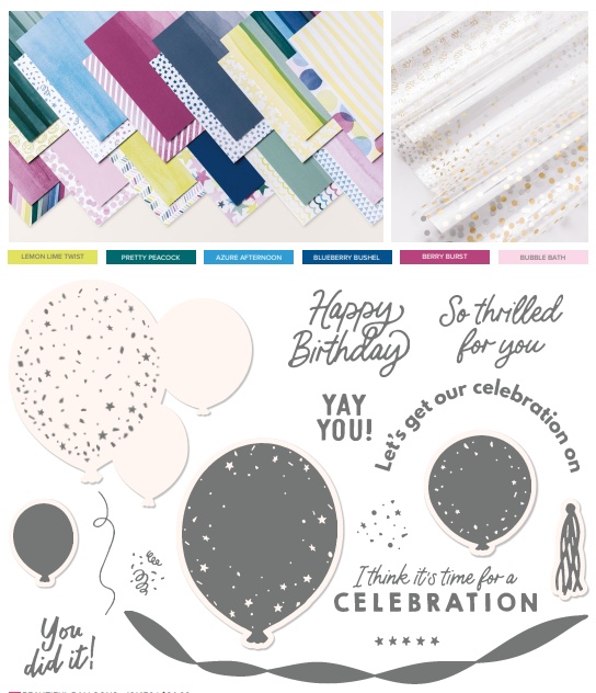 special offer shown, products that are included in the bright and beautiful suite are beautiful balloons stamp and die set, 6"x6" designer series paper and 12"x12" gold celebrations specialty designer series paper