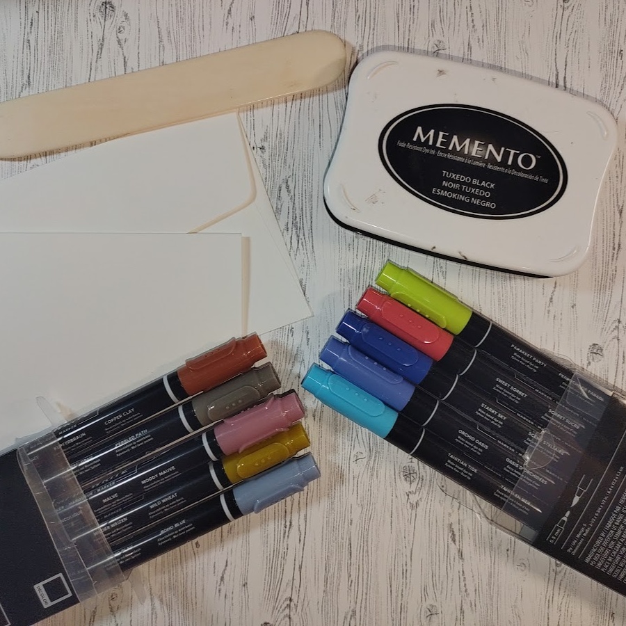 picture of supplies used: basic white notecards, memento ink, bone folder & In-Color Stampin' Write markers