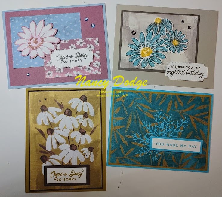 4 colorful Cards Made Easy with Cheerful Daisies stamps, dies & Fresh as a Daisy designer series paper by Stampin' Up.