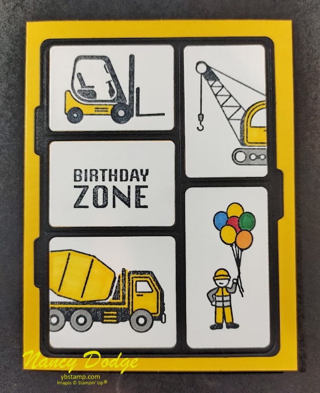 Card made with construction zone vehicles in crushed curry and black