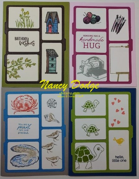 Create with what you've got, pictured are 4 cards created using the divided die from Gone Fishing by Stampin' up and 4 different stamp sets, garden birdhouses, crafting with you, seaside bay & turtle friends.