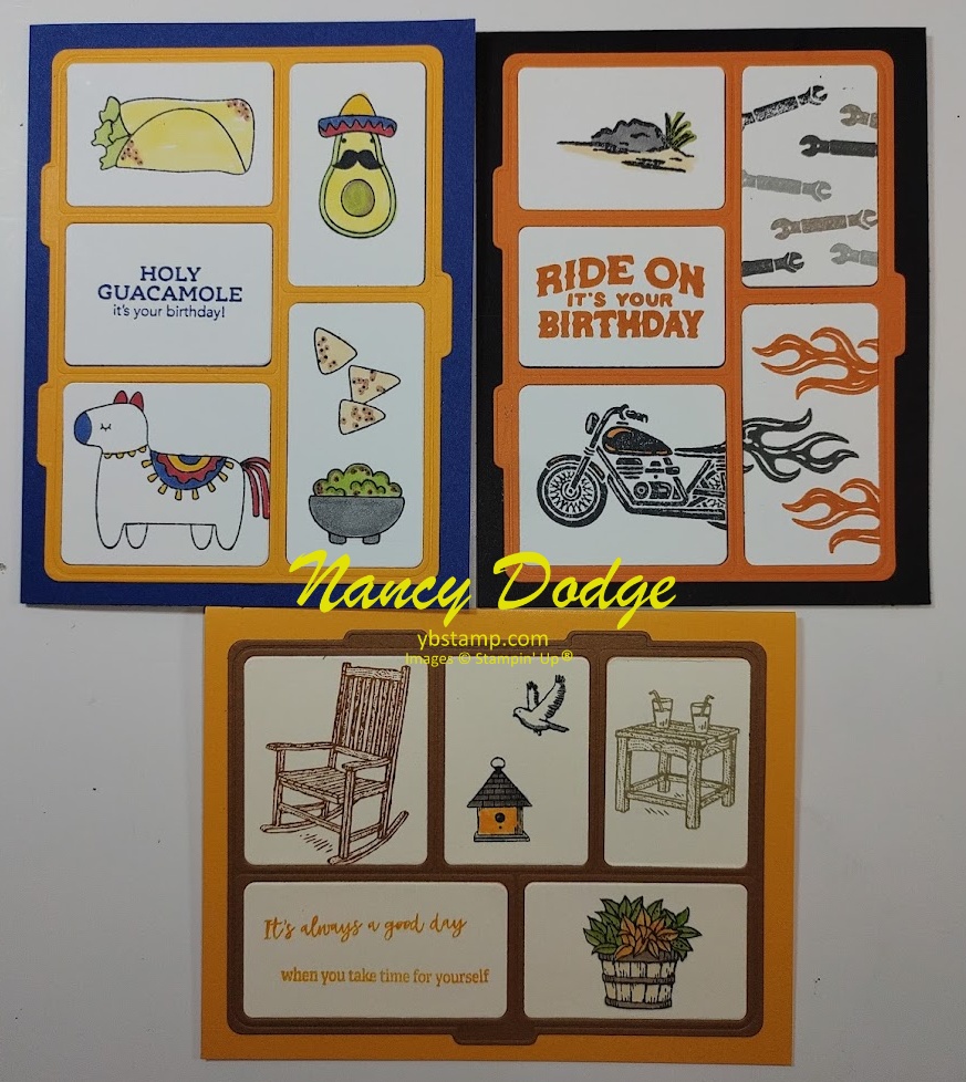 Create with what you've got, pictured are 3 cards created using the divided die from Gone Fishing by Stampin' up and 3 different stamp sets, taco fiesta, legendary ride & lazy days.