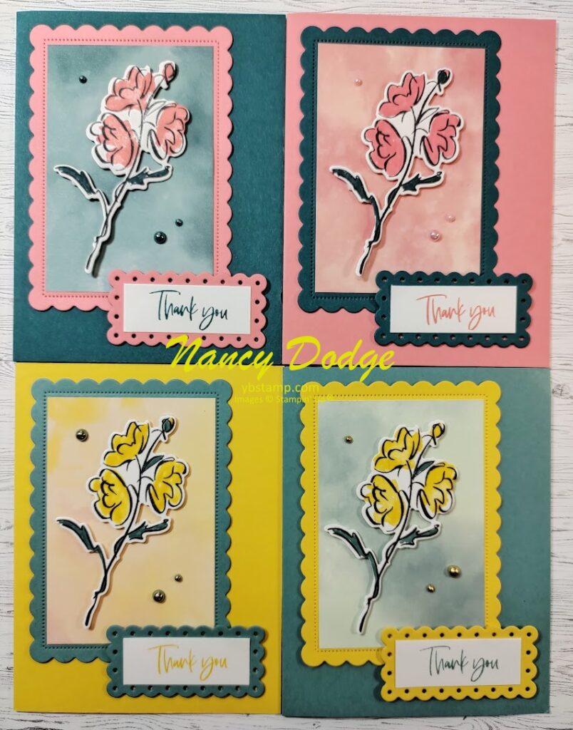 4 Back to Basics cards made using the Color and Contour stamp set, Hello Irresistible DSP and Scalloped Contours dies.