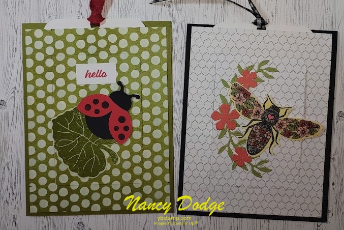 Mystery Card class sample of Pop-Up card, pictured are 2 of the card fronts, 1 with a ladybug theme and one with a queen bee theme