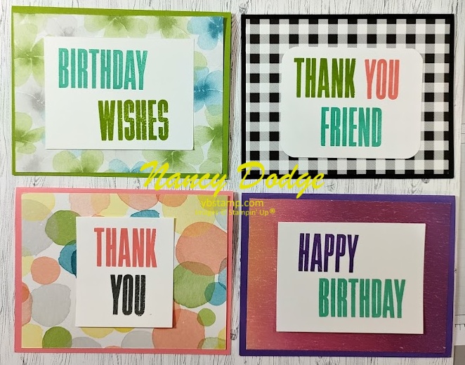 4 colorful cards made during the Back-to-Basics Facebook Live using the Biggest Wish and More Wishes stamp sets by Stampin' Up