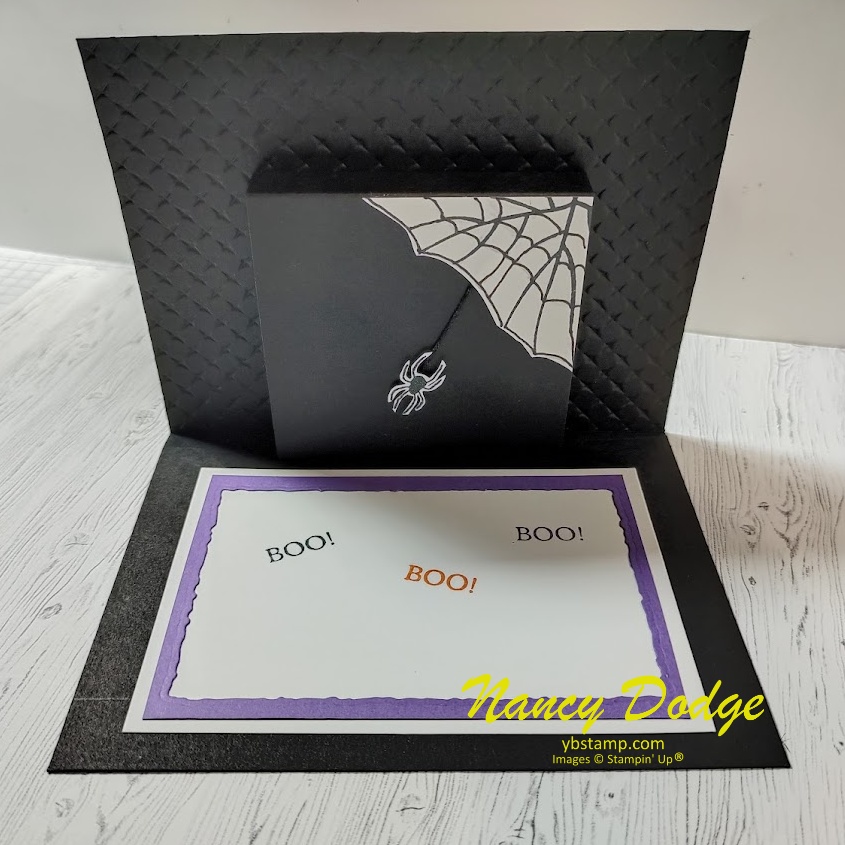 Inside of card, spider on web with "boo" stamped in black, orange & purple