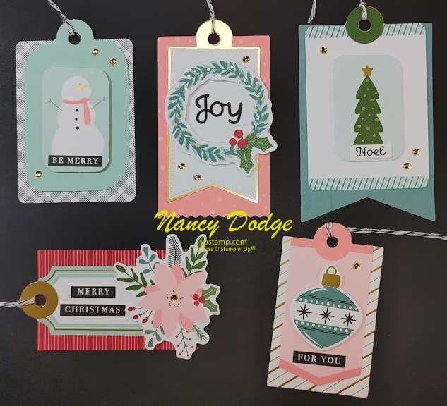 5 Christmas tags made with Stampin' Up's Festive Tags kit.