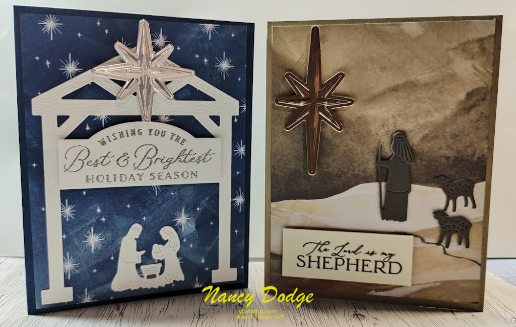2 cards, one with the holy family and one with a shepherd and sheep