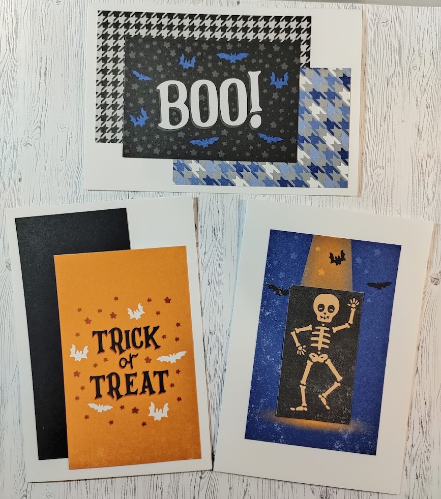 3 Halloween cards made during Back to Basics with Them Bones designer series paper ant white note cards.
