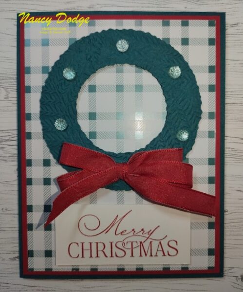 Christmas Blog Hop card with wreath and red bow