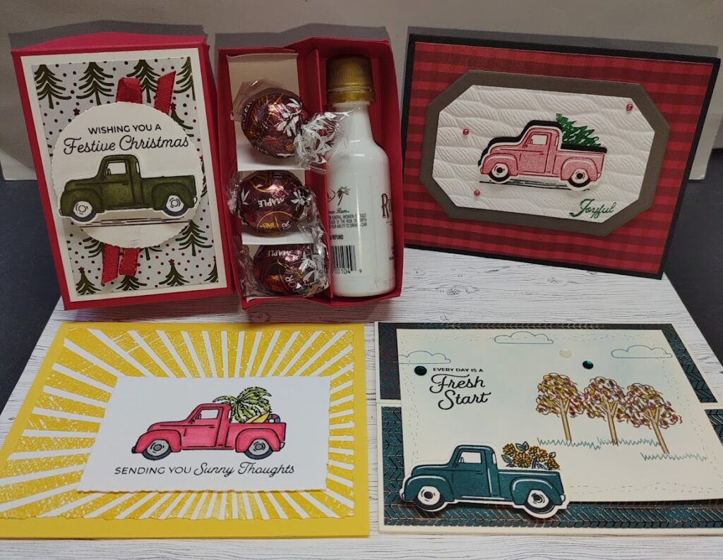 2 cards and 1 gift box pictured using the trucking along bundle by Stampin' Up.
