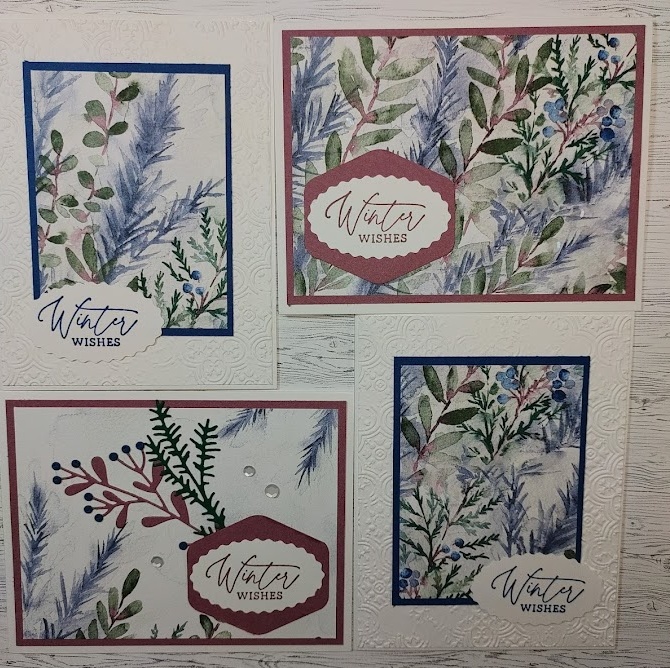 4 Holiday Cards made with Winter Meadow designer series paper by Stampin' Up.