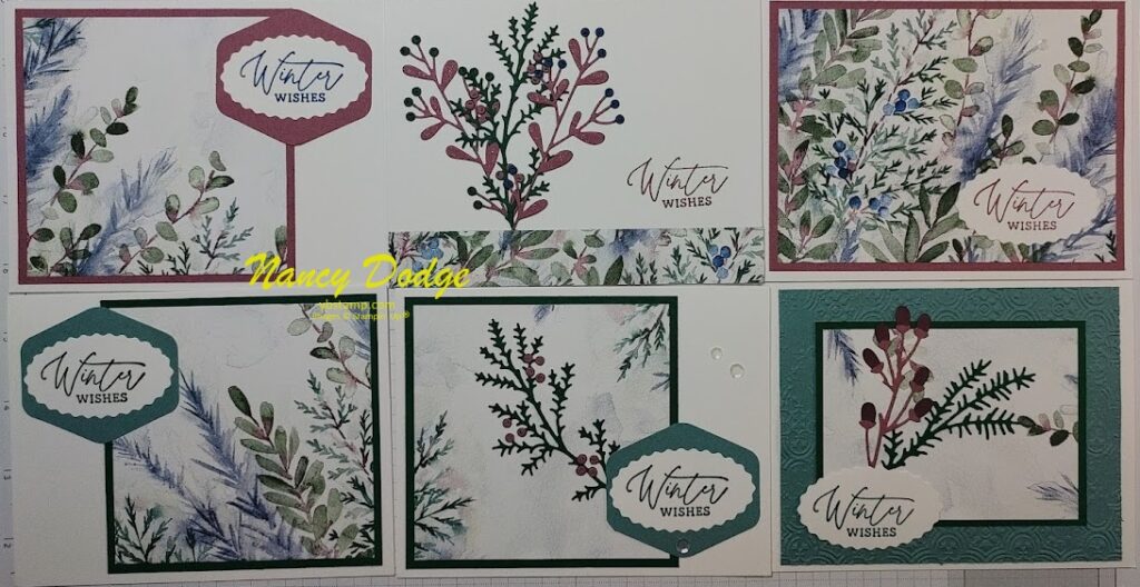 6 Holiday Cards made with Winter Meadow designer series paper by Stampin' Up.