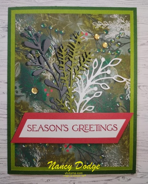 Gift Card Flap Card with "Season's Greetings" and sprigs of greenery.