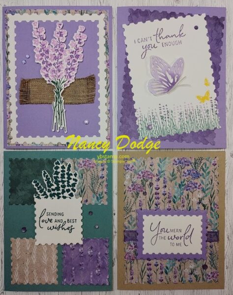 4 cards in various shades of purple created with the Perennial Lavender suite by Stampin' Up.