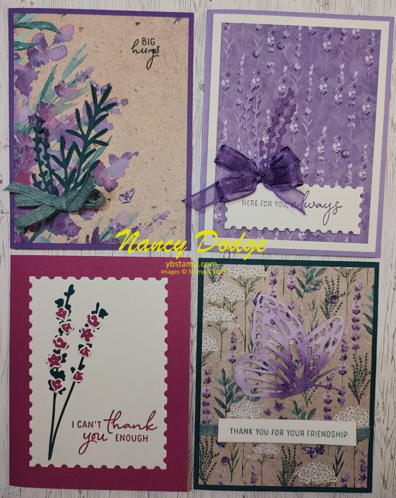 4 cards made with stamps and die-cuts from the Perennial Lavender suite by Stampin' Up.