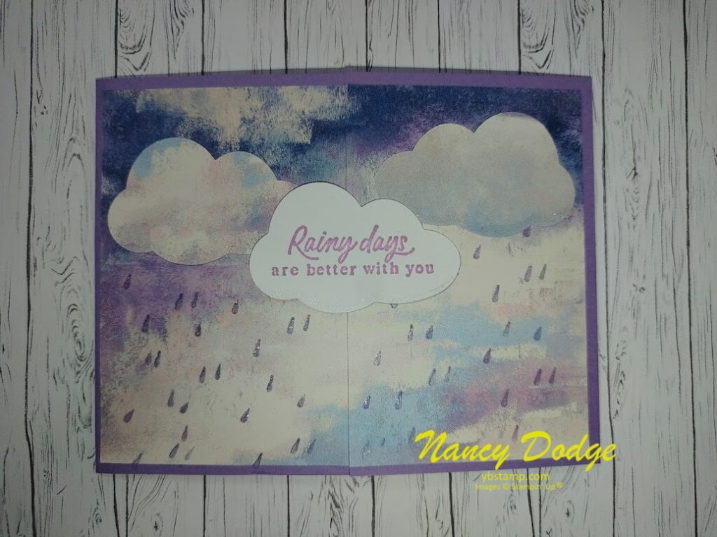 Spring blog hop card front with clouds & raindrops