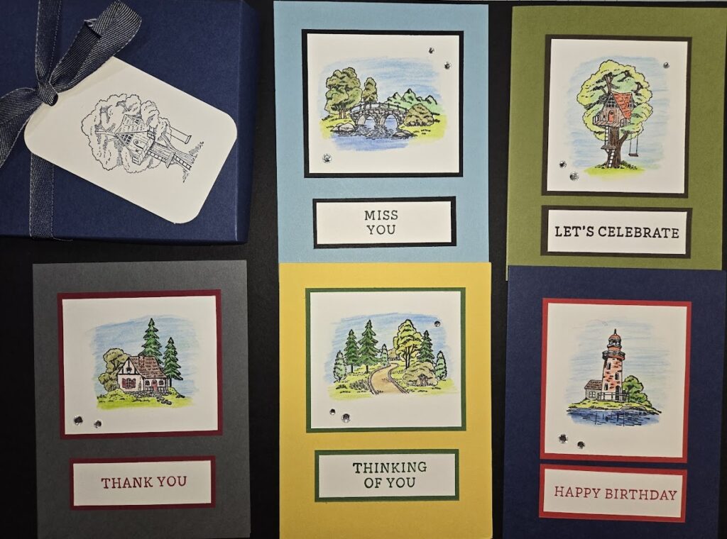 5 cards and a gift box using Framed Scenes stamp set